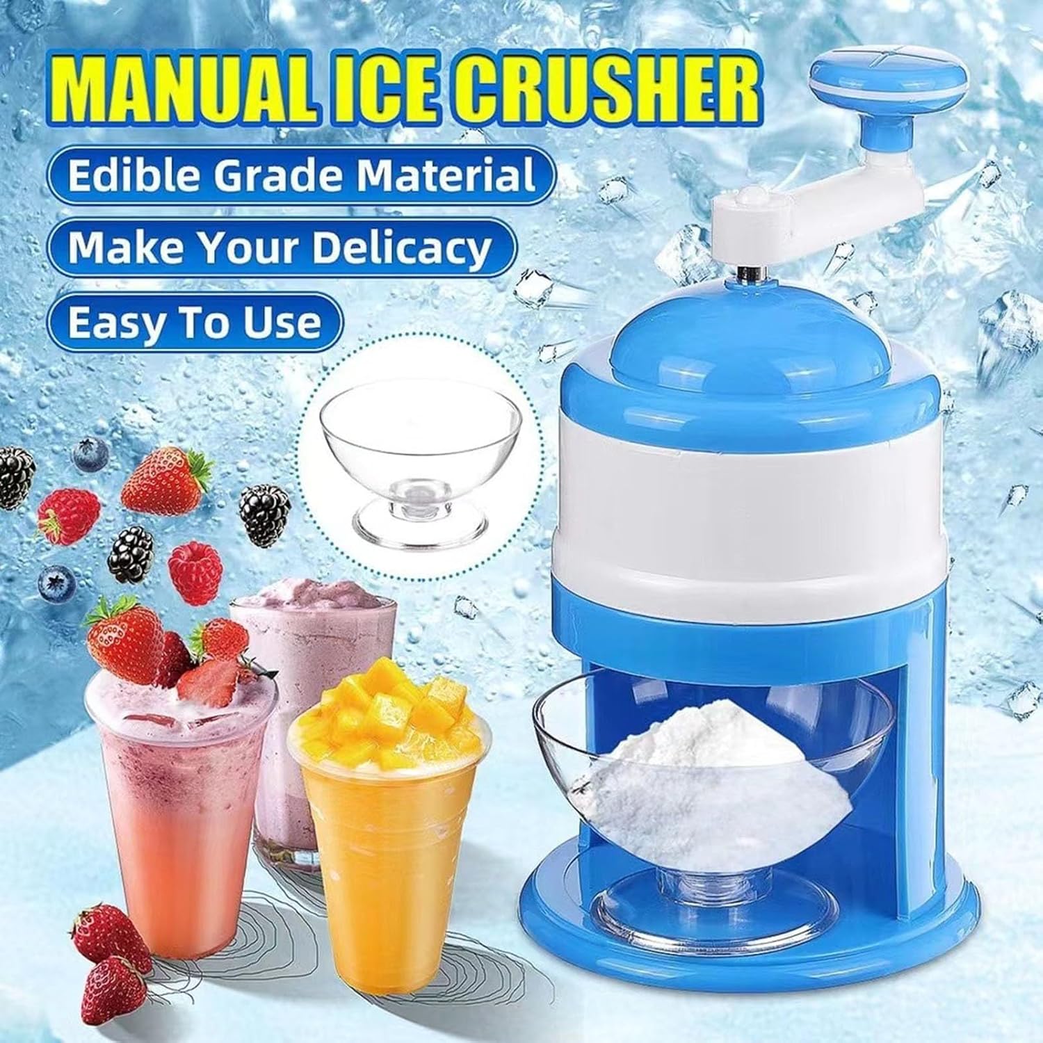 Portable Hand Crank Ice Crusher – Manual Ice Shaver Machine for Smoothies, Snow Cones & Frozen Drinks | Compact & Easy to Use