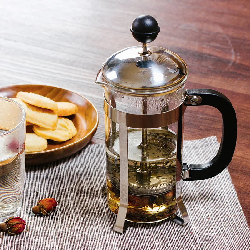 Cafetière à piston en verre et acier inoxydable