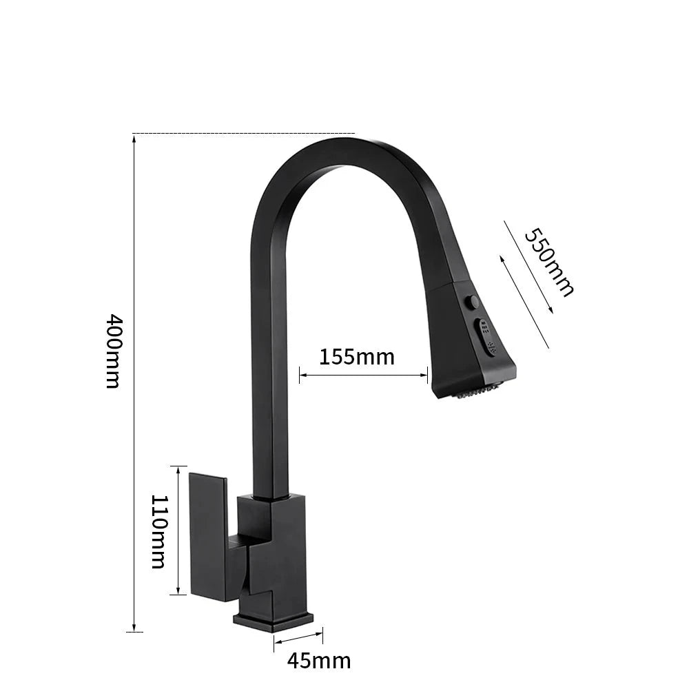 Robinet de cuisine noir avec douchette extractible en laiton massif