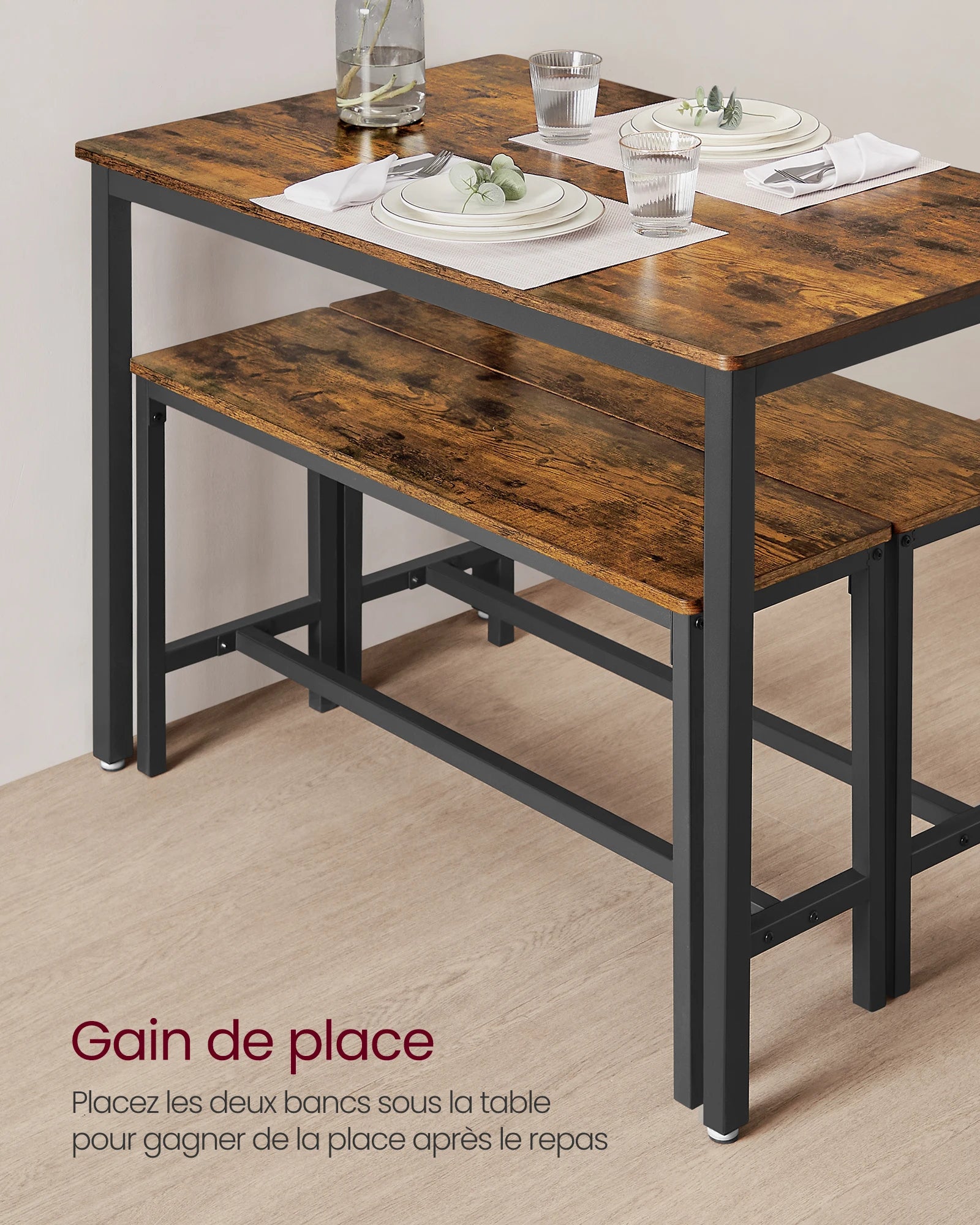 Ensemble table de salle à manger style industrielle avec 2 bancs