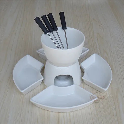 Service à fondue avec 4 plats en porcelaine