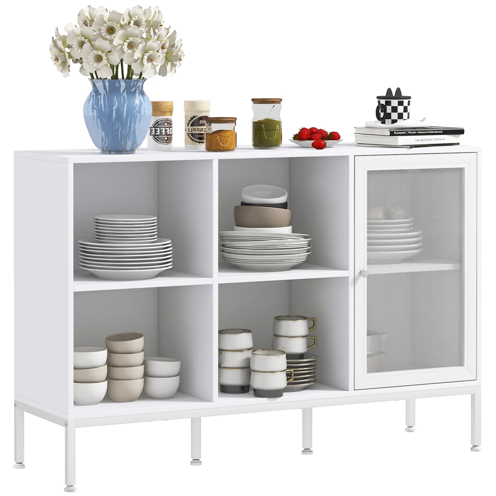 Buffet de cuisine avec porte en maille 4 compartiments 120x37x81,5 cm