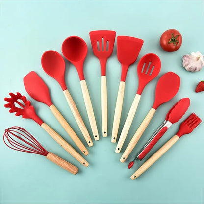 Ensemble de 12 ustensiles de cuisine en silicone avec manche en bois