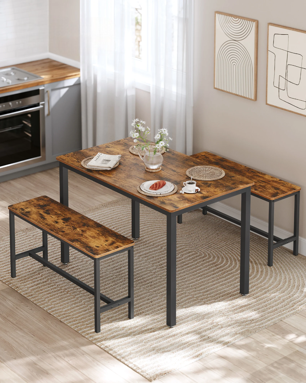 Ensemble table de salle à manger style industrielle avec 2 bancs