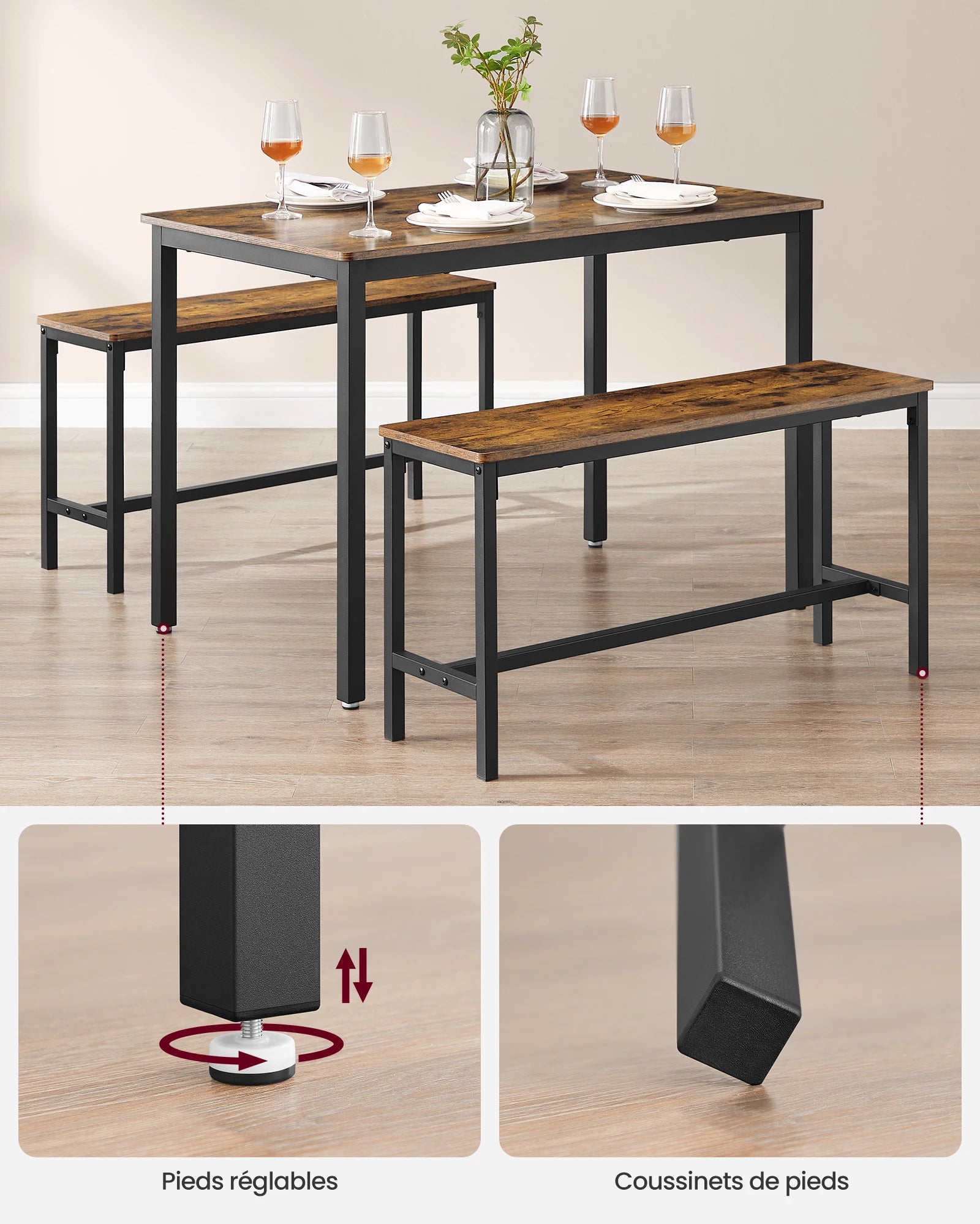Ensemble table de salle à manger style industrielle avec 2 bancs