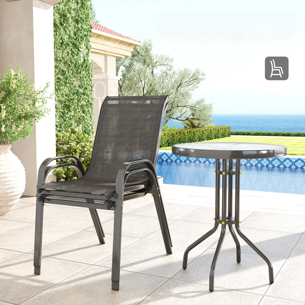 🪑 Ensemble Salon de Jardin Bistrot – Table Ronde & 2 Chaises Empilables | Acier & Verre Trempé