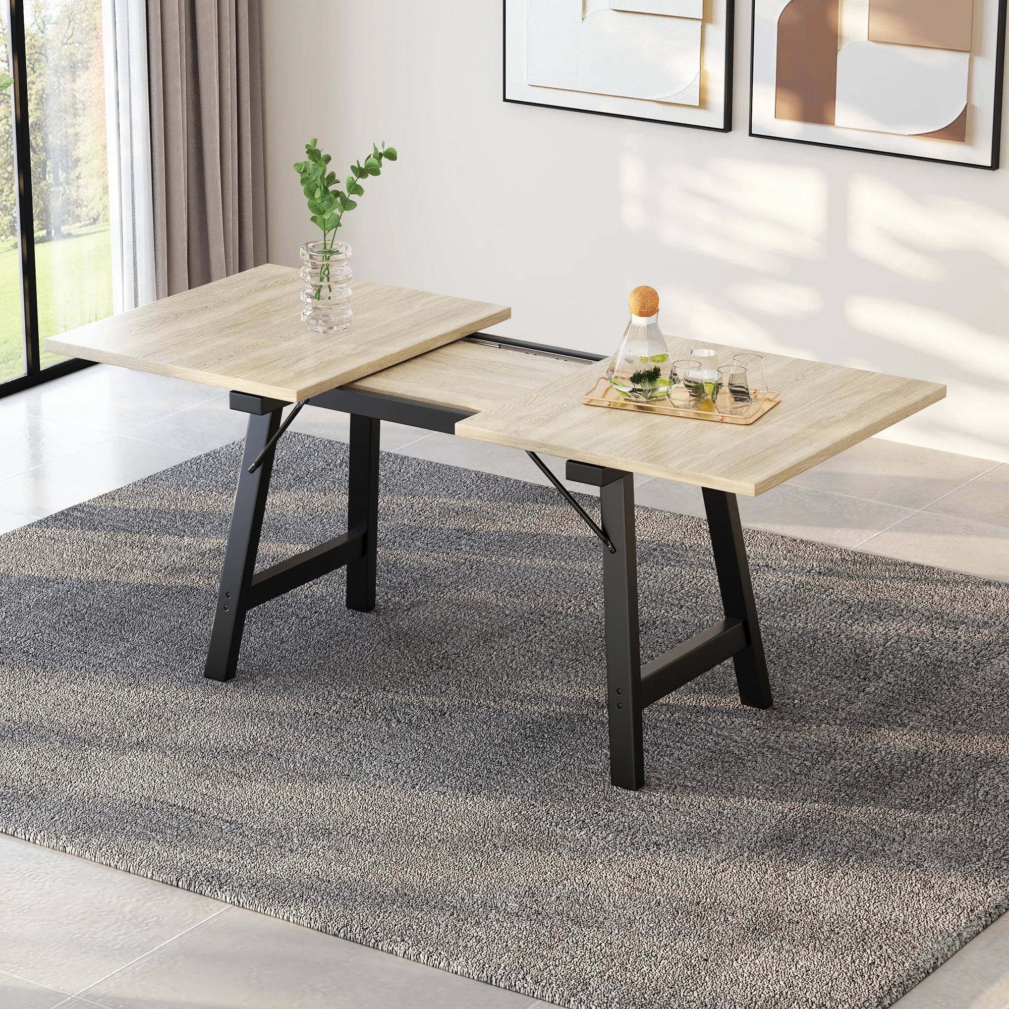 Table salle à manger extensible beige avec pieds en alliage