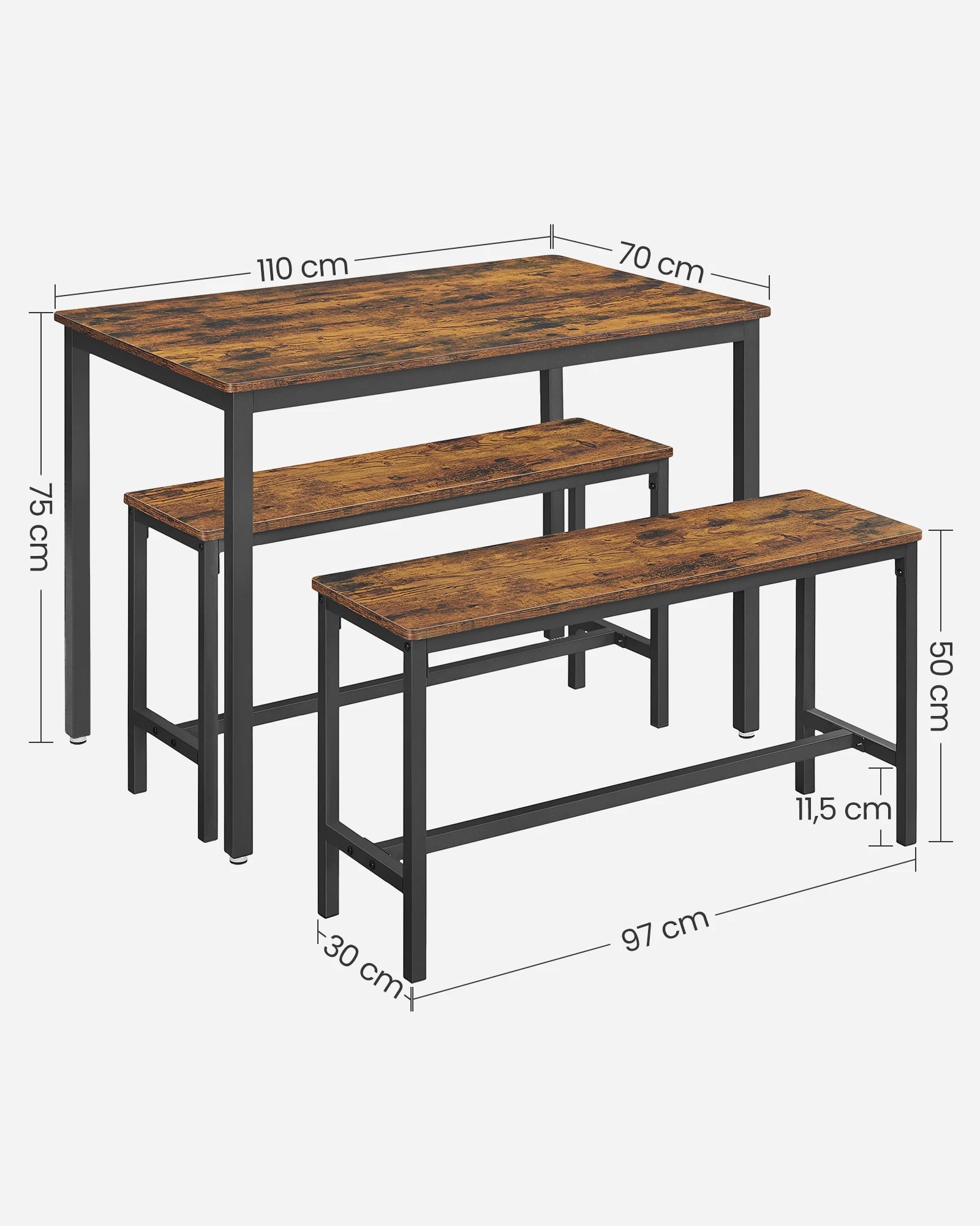 Ensemble table de salle à manger style industrielle avec 2 bancs
