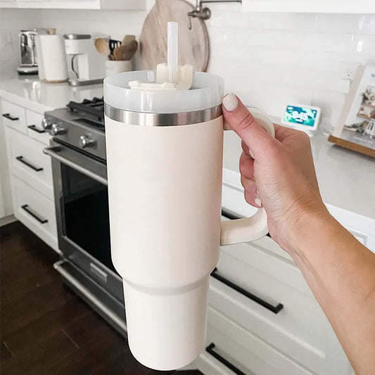 Tasse à café thermique en acier inoxydable avec poignée et paille