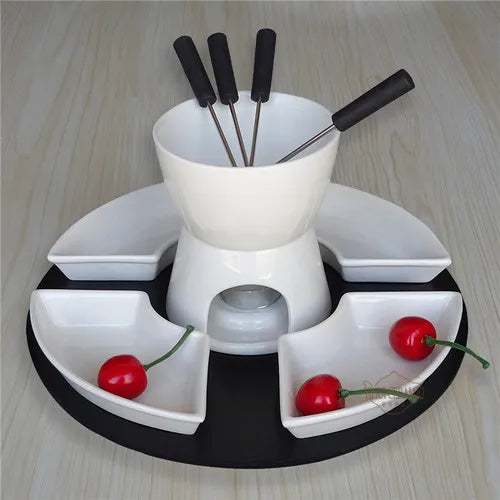 Service à fondue avec 4 plats en porcelaine