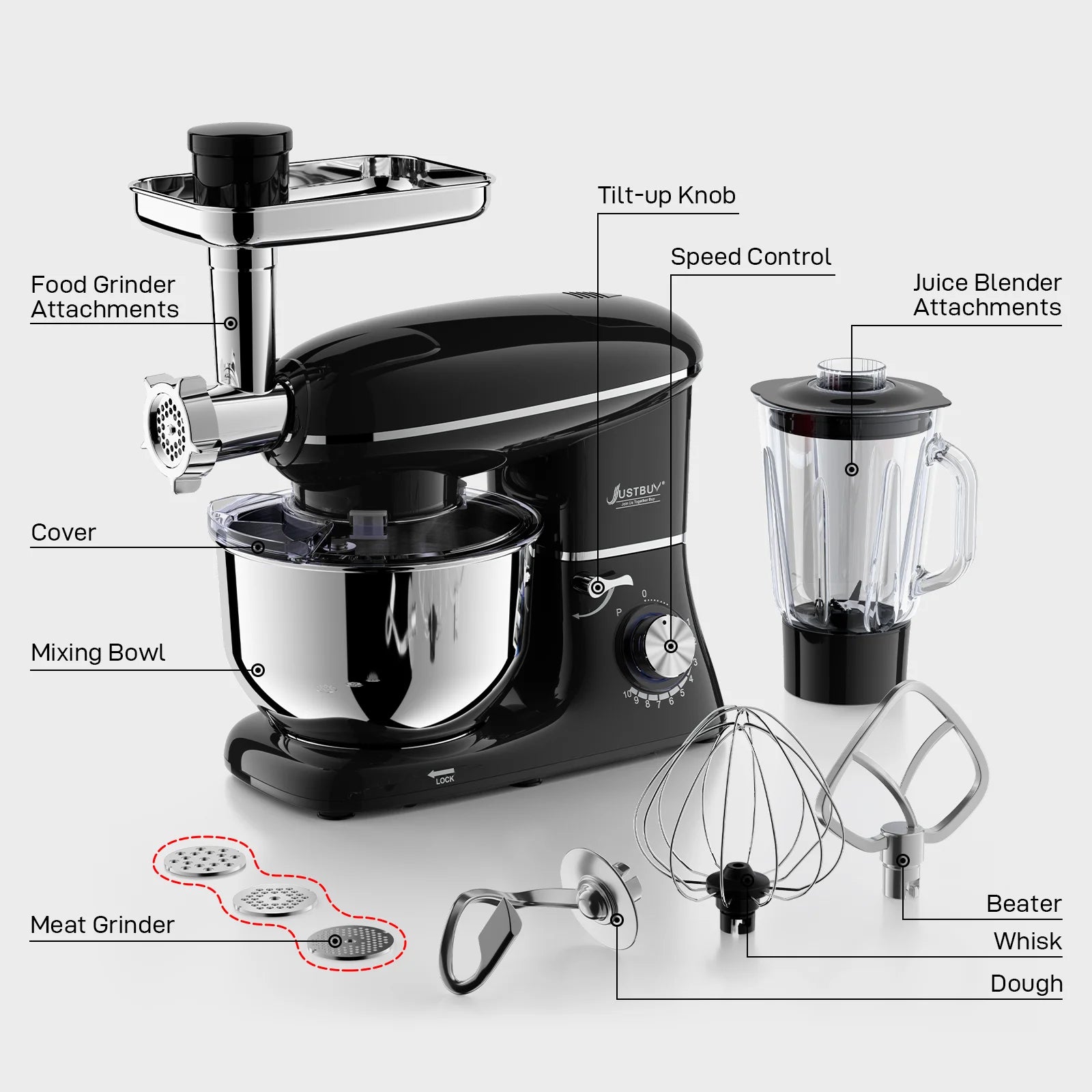 Robot Pâtissier Multifonction 3 en 1 – 1500W | Pétrisseur, Fouet & Hachoir à viande