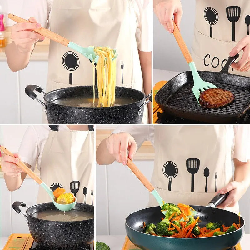 Ensemble de 12 ustensiles de cuisine en silicone avec manche en bois