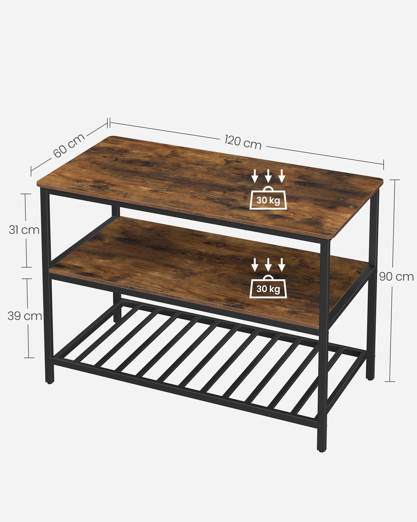 🍴 Îlot de Cuisine Rustique Industriel – 3 Niveaux de Rangement | 120 x 60 x 90 cm