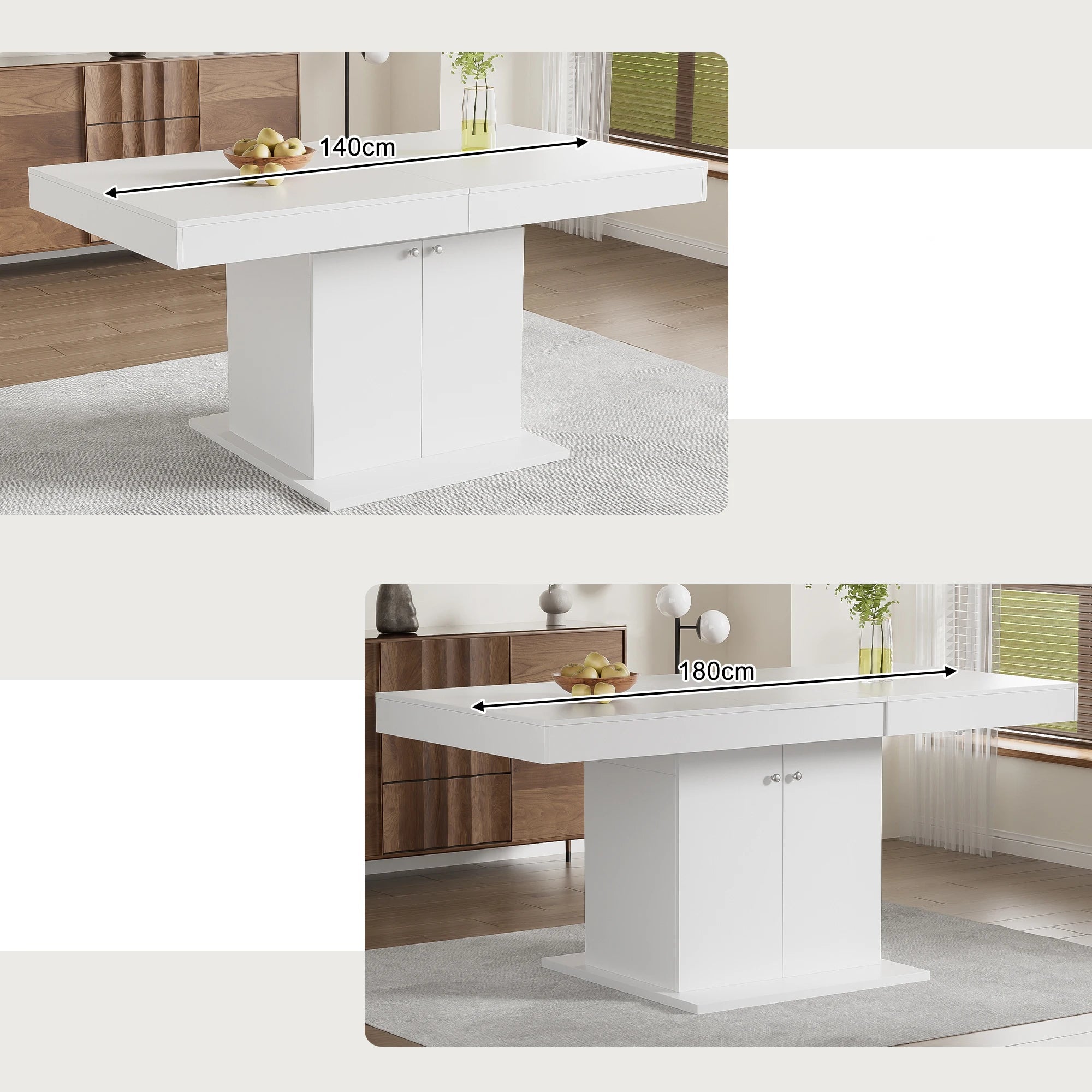 Table de salle à manger extensible blanche avec placard de rangement