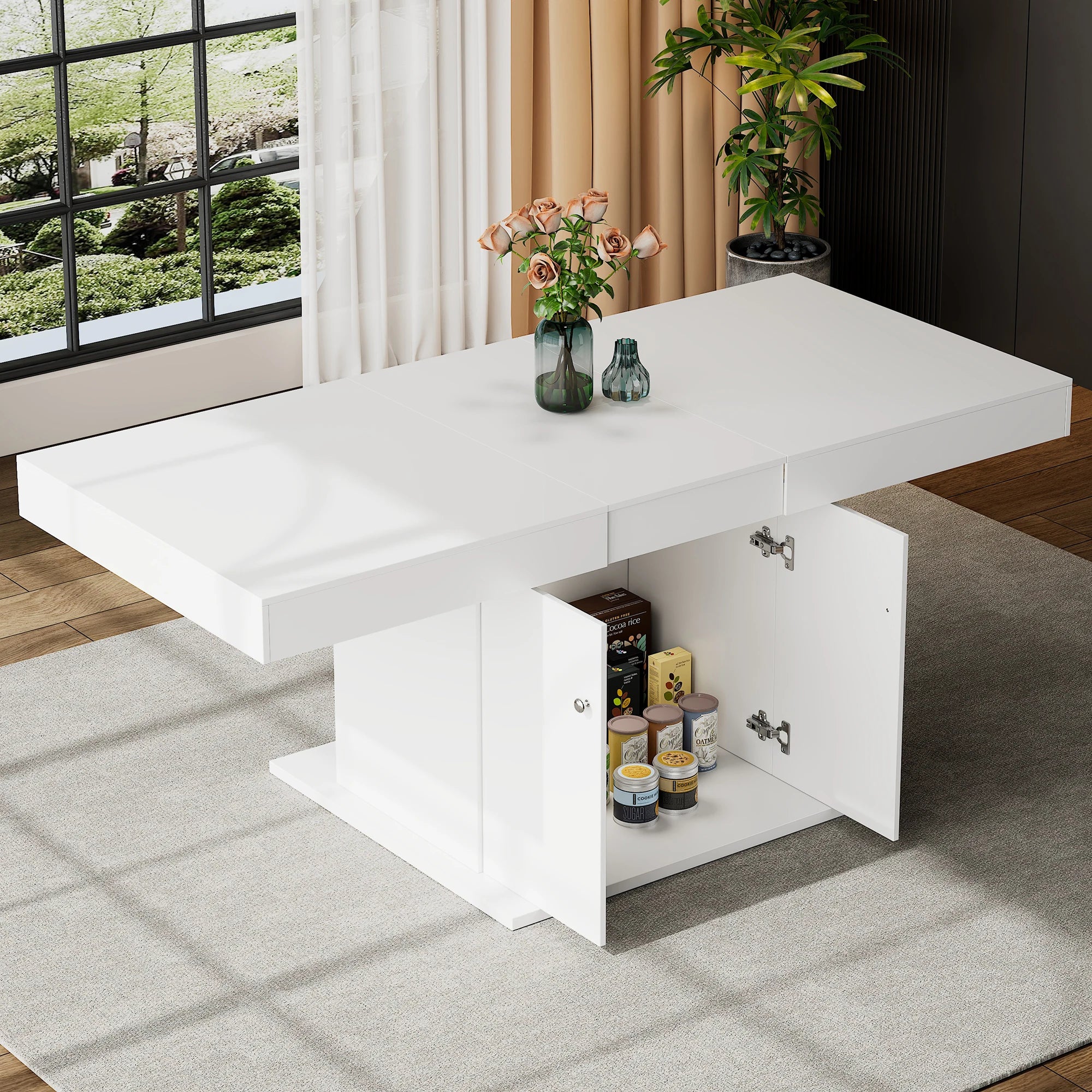 Table de salle à manger extensible blanche avec placard de rangement