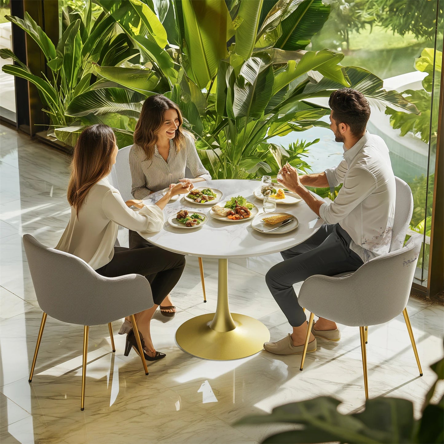 Table à manger ronde en pierre frittée sur piédestal