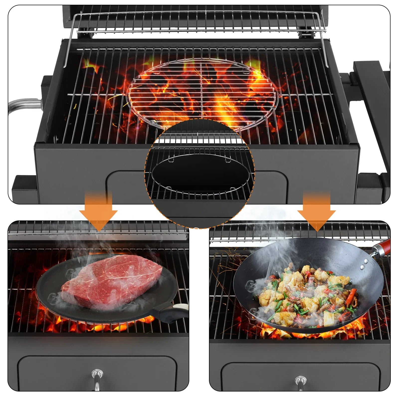 Chariot de barbecue au charbon familial avec 3 grilles | 116cm x 55,7cm x 100 cm