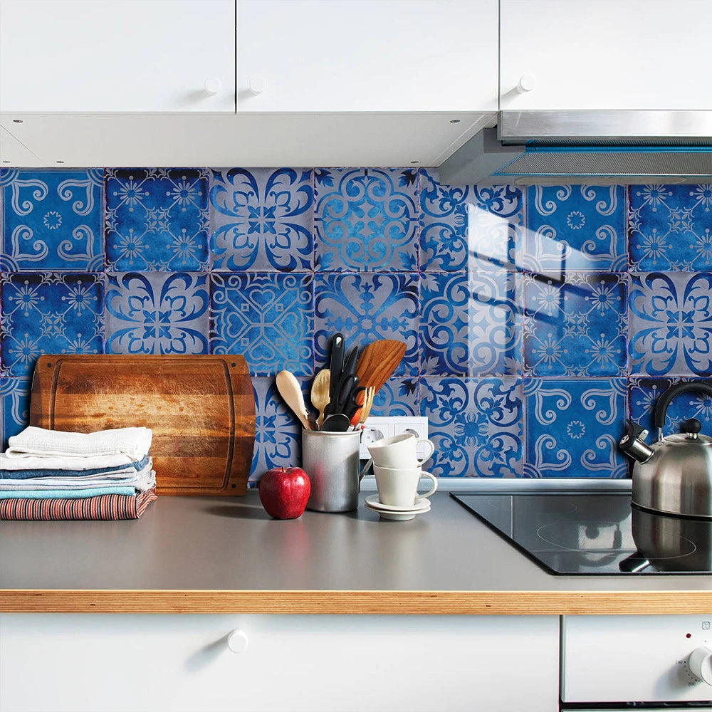 Autocollant de carrelage mural en bleu pour cuisine