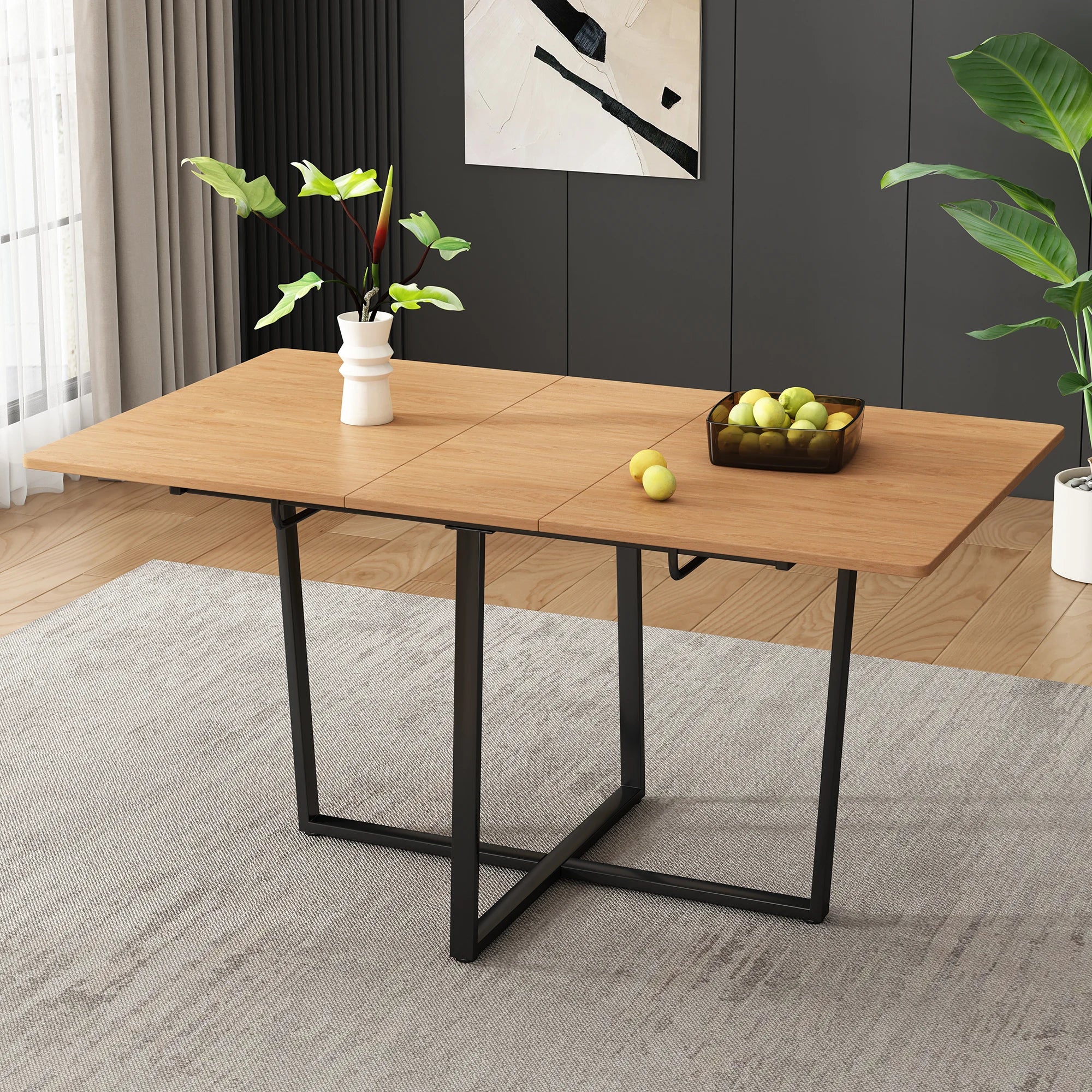 Table de salle à manger moderne extensible avec pieds en métal noir pour 4 à 6 personnes