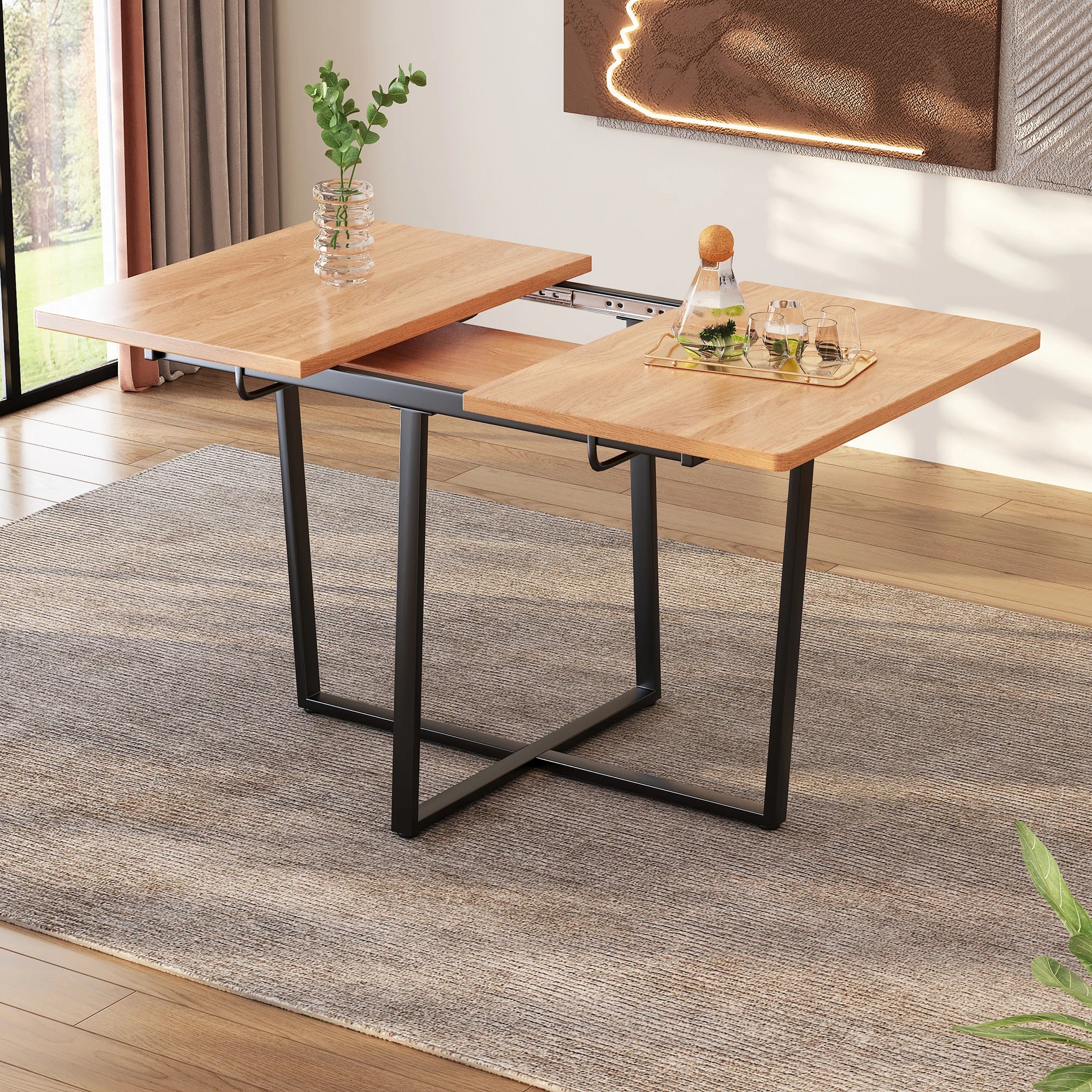 Table de salle à manger moderne extensible avec pieds en métal noir pour 4 à 6 personnes