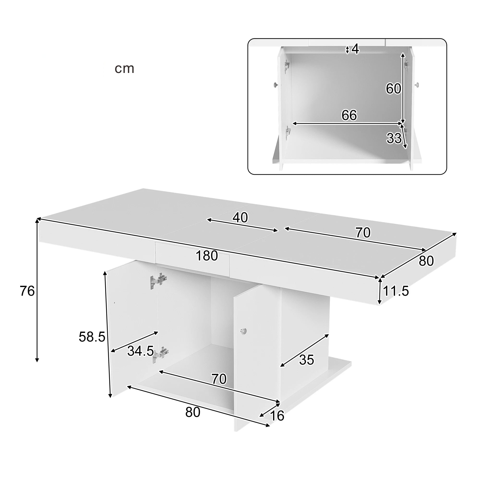 Table de salle à manger extensible blanche avec placard de rangement