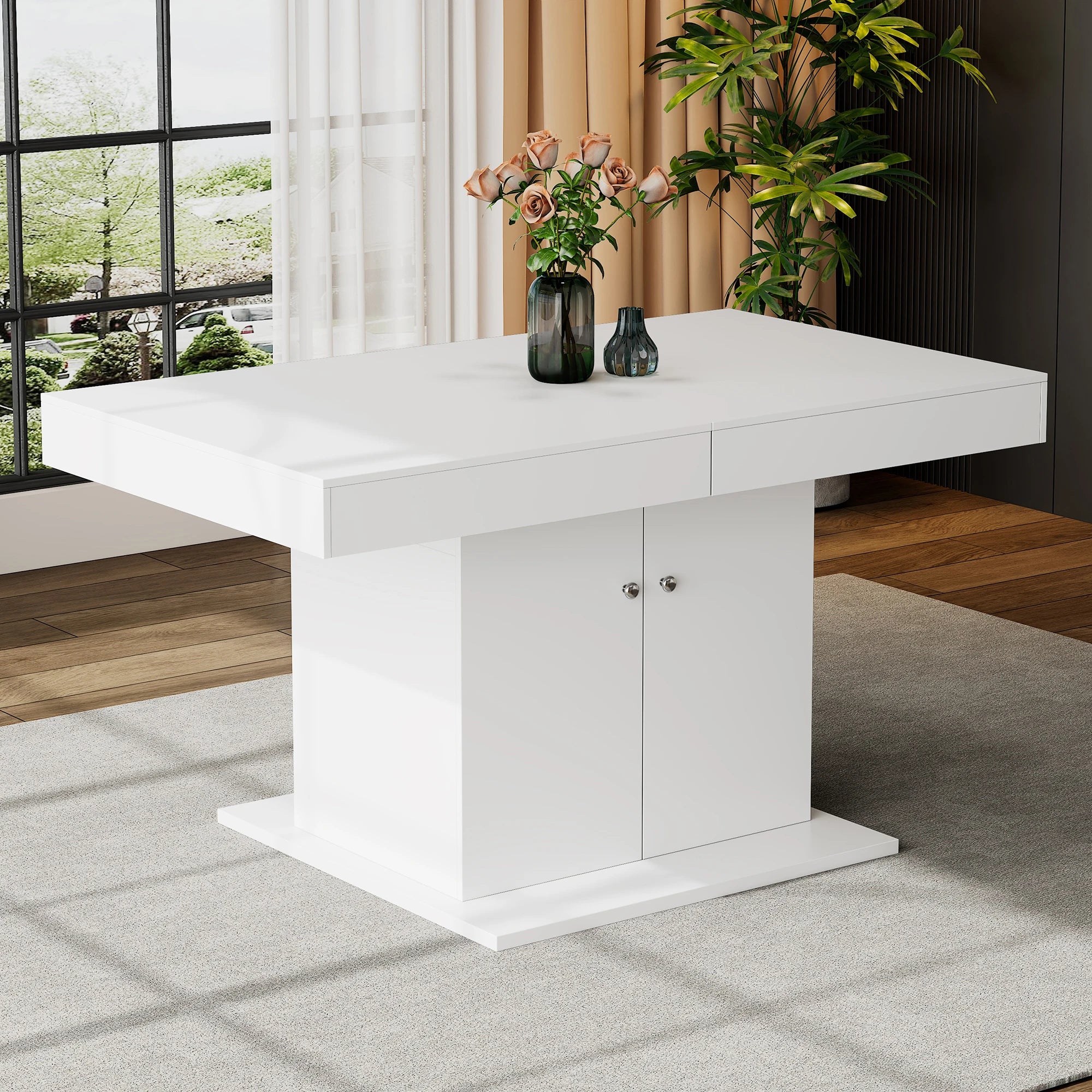 Table de salle à manger extensible blanche avec placard de rangement