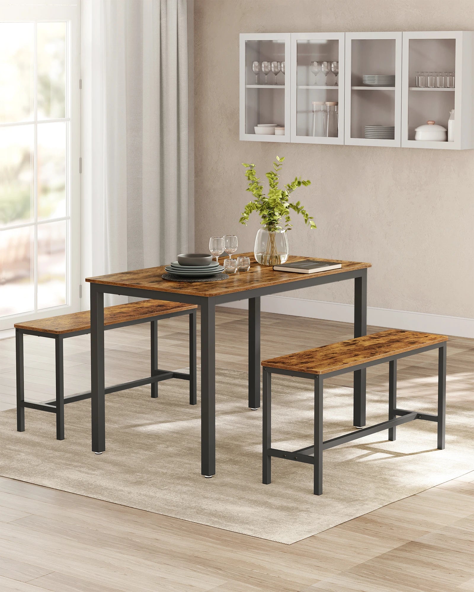 Ensemble table de salle à manger style industrielle avec 2 bancs