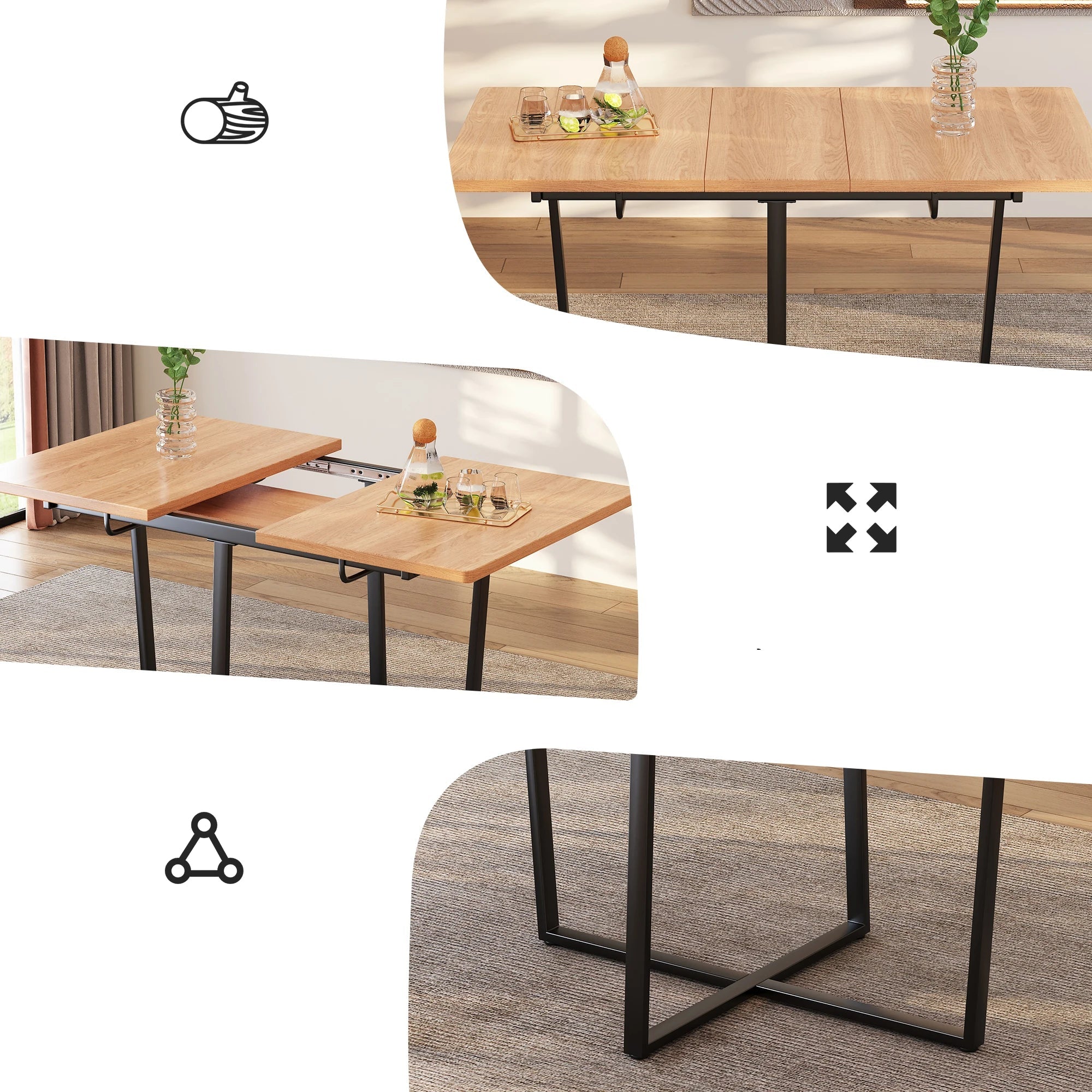 Table de salle à manger moderne extensible avec pieds en métal noir pour 4 à 6 personnes