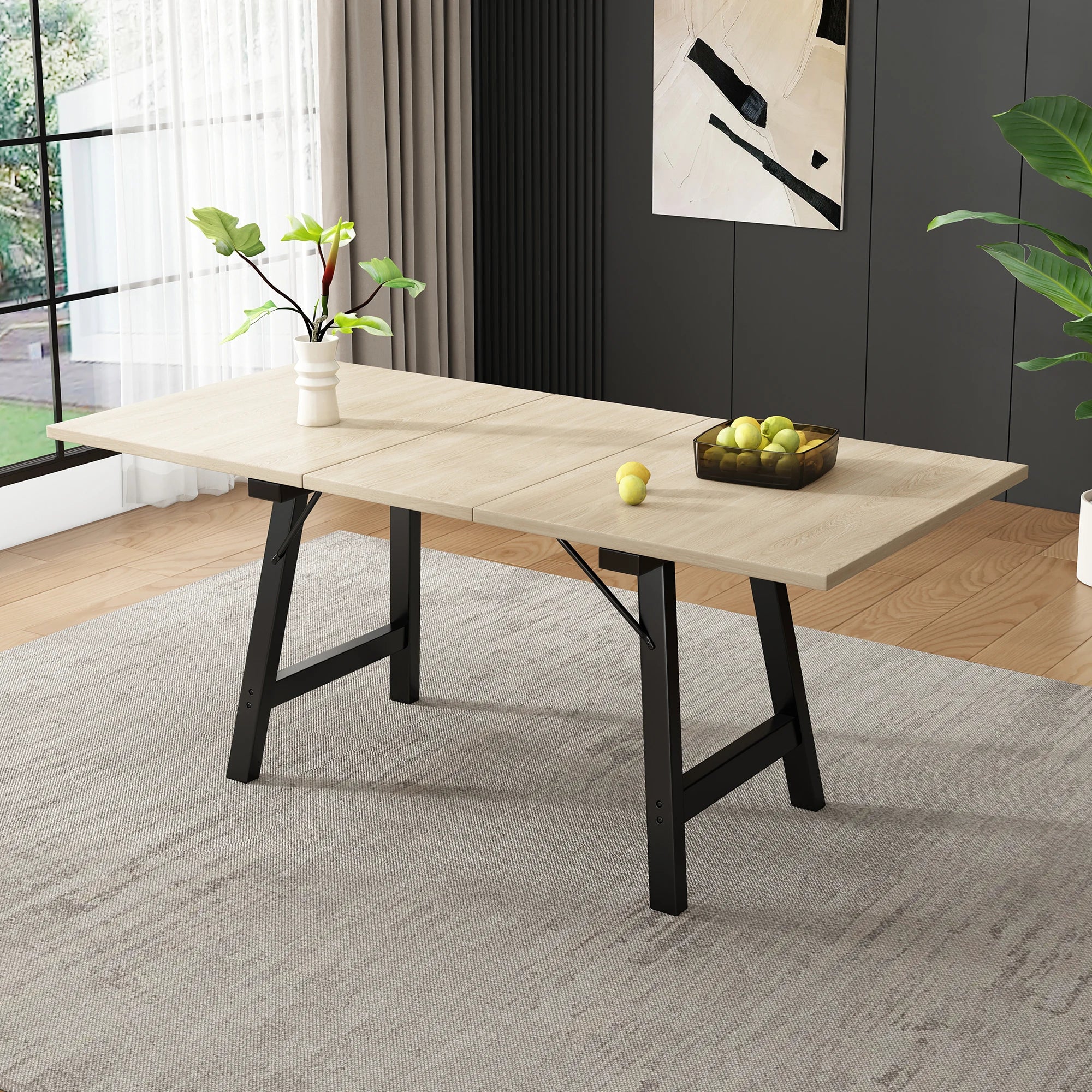 Table salle à manger extensible beige avec pieds en alliage