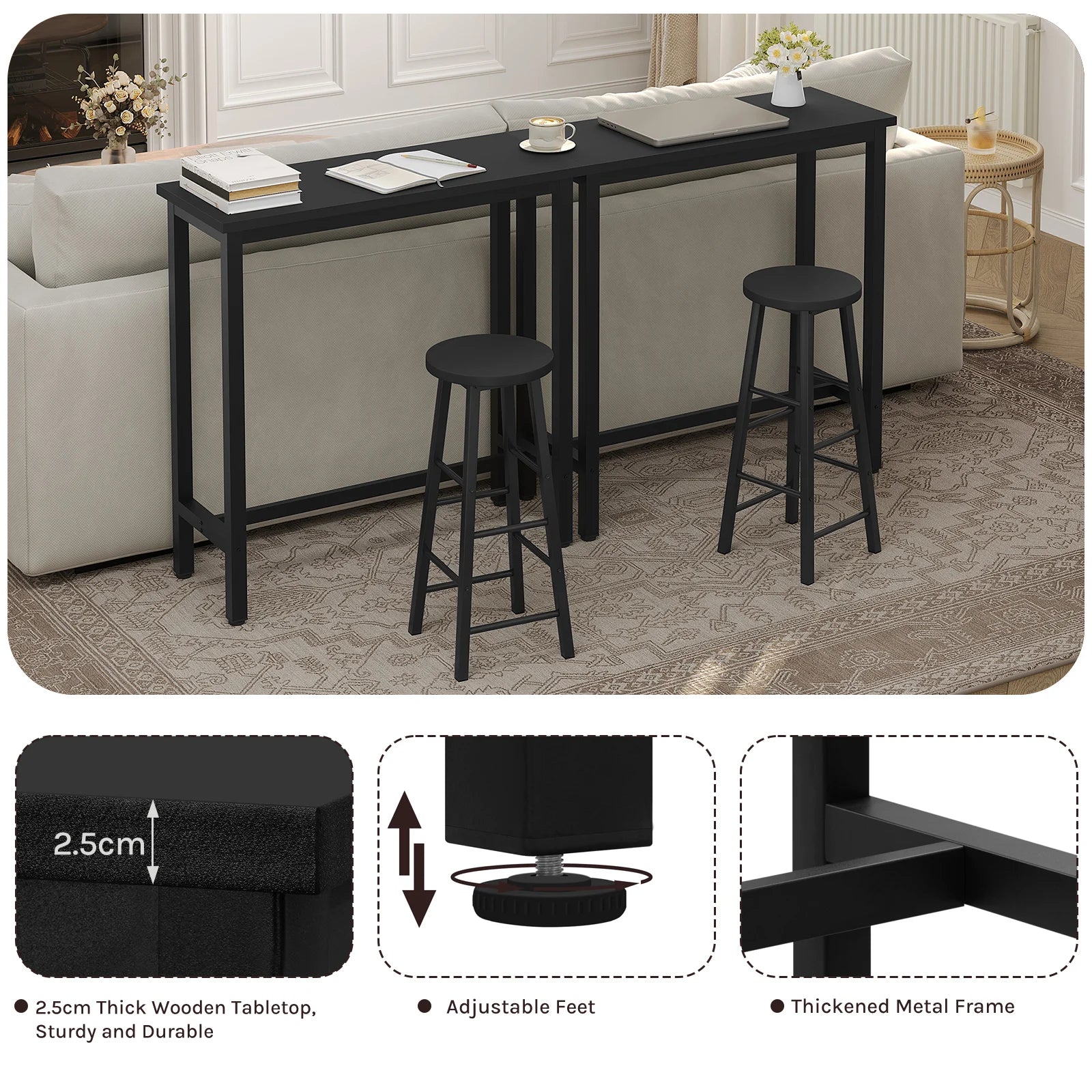 Table de Bar noir en métal | 40 x 100 x 100 cm