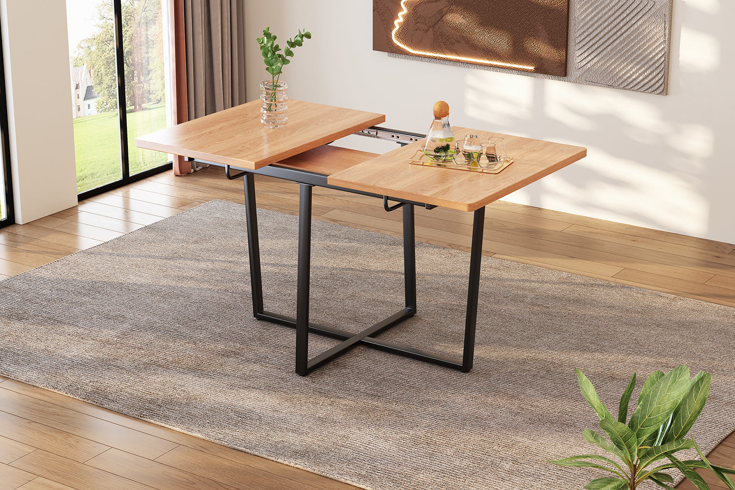 Table de salle à manger moderne extensible avec pieds en métal noir pour 4 à 6 personnes